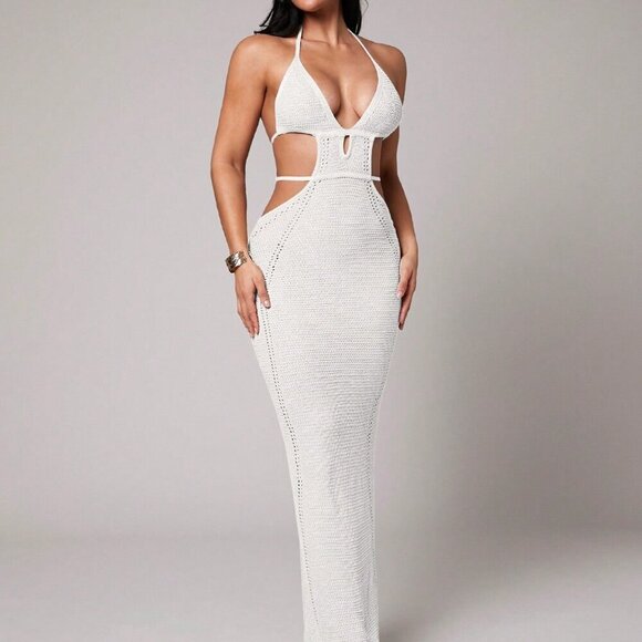 White Boho Crochet Deep V-Neck Hollow Slit Mid-Length Women's Cover Up Dress - Picture 7 of 8